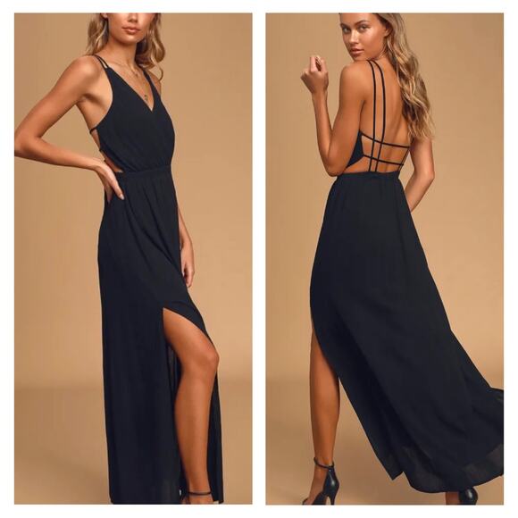 Lulus Womens Lost in Paradise Black Maxi Dress Size L Strappy Open Back Rayon - Picture 1 of 11